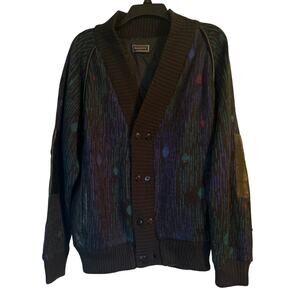 GUC Saxony Men's Blue/Black Cardigan Sweater Leather Elbows and Trim Size Medium